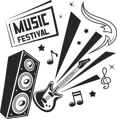 Vector set of hand-drawn music icons, including musical notes, guitars, pianos, and other vintage jazz instruments, perfect for art and design illustrations