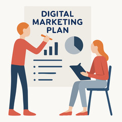 Flat Illustration of Digital Marketing Plan Discussion with People on Presentation