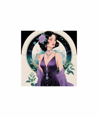Moonlit Elegance - Amethyst Goddess in Deco Style,A graceful woman in a deep purple gown, adorned with amethyst jewelry and surrounded by a lunar celestial backdrop.
