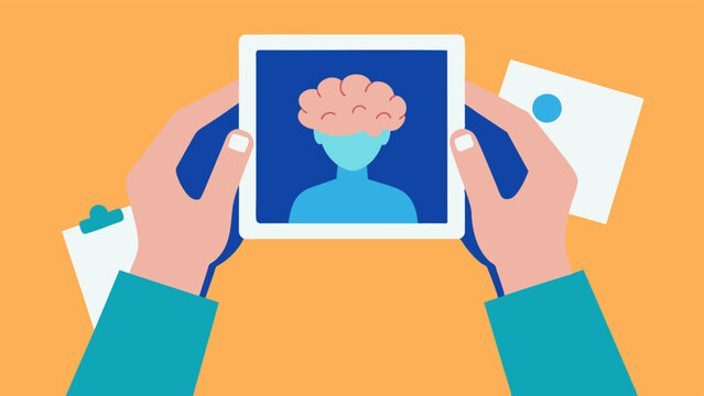 Hands holding onto a photo on the wall symbolizing the preservation of memories and the importance of cherishing them for our brain health.. Vector illustration
