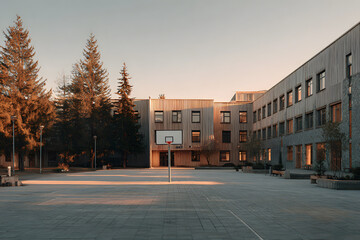 Schoolyard with basketball court and school building exterior in the sunny evening