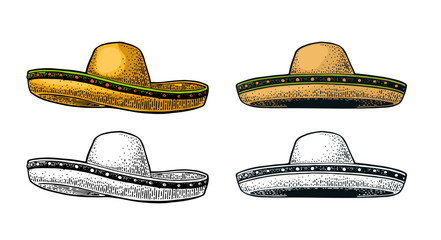 Sombrero. Vintage color engraving illustration. Isolated on white background. Hand drawn design element for label and poster