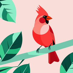 Beautiful Red Cardinal Bird Illustration-Modern Geometric Design-Bright Red Bird on Branch with Green Leaves-Unique Bird Art-Minimalist Nature Image