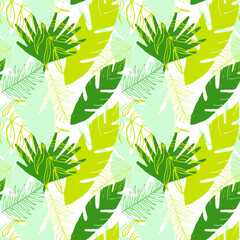 Seamless pattern of tropical leaves. Green leafy plants. Tropical forest background. Hand drawn vector design.