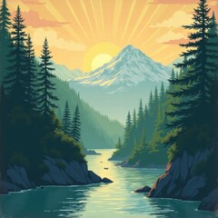 A peaceful mountain valley glows at sunrise, with a winding river flowing through pine-covered cliffs and snow-capped peaks in the background. Generative, AI,