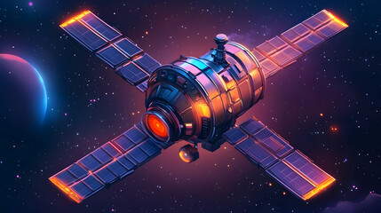 Fototapeta premium Pixel Art Satellite in Deep Space Orbit