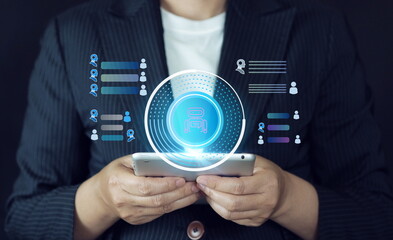Concept of artificial intelligence, customer support automation, and virtual assistant technology for smart communication.Man hand holding mobile phone showing AI chatbot interface.