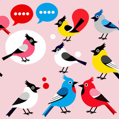 Obraz premium Colorful Birds Communicating-Illustrated Bird Chatting-Bird Social Network-Modern Bird Art-Whimsical Bird Design-Pink Background-Bird Graphics-Bird Illustration