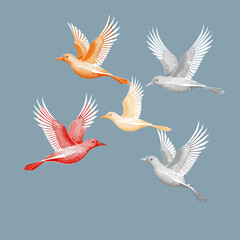 Obraz premium Colorful Birds in Flight Illustration-Whimsical Bird Art-Modern Avian Design-Creative Bird Graphic-Stylish Flying Birds Artwork