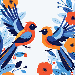 Obraz premium Colorful Birds in a Floral Frame Vector Art- Whimsical Bird Illustration with Orange Flowers and Blue Leaves- Perfect for Spring and Summer Decor- Cute Bird Design