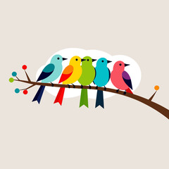 Colorful Birds on a Branch Illustration- Whimsical Bird Art- Cute Bird Vector Graphic- Bird Lover Gift Idea- Kids Room Decor- Nature Inspired Art- Bird Illustration Print