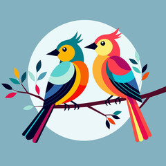 Naklejka premium Colorful Birds on a Branch Illustration- Whimsical Bird Art- Cute Bird Couple- Nature Inspired Artwork- Bird Lovers Gift- Cheerful Home Decor- Avian Illustration Design