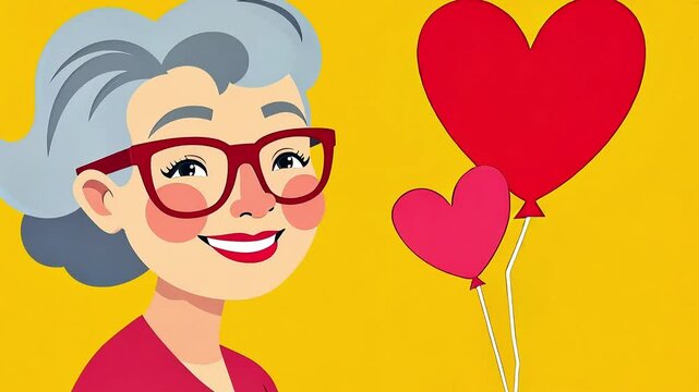 Happy stylish woman in glasses holding red heart-shaped balloon on yellow background, cartoon vector animation style, love and romance concept