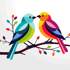 Colorful Birds on Branch Illustration- Whimsical Bird Art Print- Modern Graphic Design- Cute Bird Decor- Nature Inspired Illustration- Bright and Cheerful Artwork