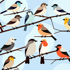 Fototapeta premium Colorful Birds on Branches Illustration-Cute Bird Art for Kids-Whimsical Bird Pattern-Nature Inspired Design-Perfect for Wall Art and Fabric Prints