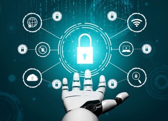 Robot hand with digital security icons and a central glowing padlock symbol