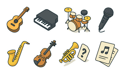 Music icons set – outline, melody and instrument symbols for creative use