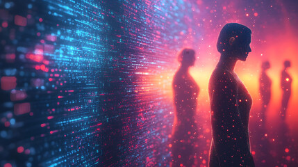 digital human figures made of particles and light trails, abstract technology background with glowing data visualization, virtual identity and network connection concept in neon gradient style