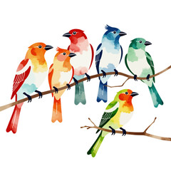 Fototapeta premium Colorful Watercolor Bird Illustration- Whimsical Birds on Branch- Art Print for Nature Lovers- Unique Bird Art- Vibrant Bird Painting- Birdwatcher Gift Idea