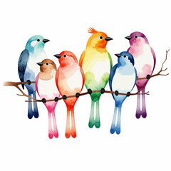Fototapeta premium Colorful Watercolor Birds on a Branch - Artistic Bird Illustration - Cute Bird Art for Wall Decor - Whimsical Bird Painting - Bird Lover Gift Idea