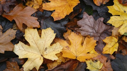 Close-up view of fallen autumn leaves on the ground.