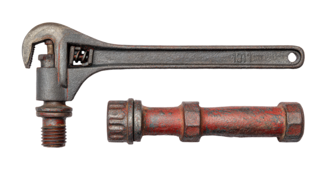 Rusty Pipe Wrench and Corroded Bolt Assembly