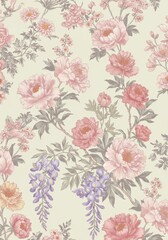 Blooming Oriental Flowers Spring Design - Elegant pastel peonies, wisteria, and chrysanthemums symbolize spring renewal, delicate beauty, graceful longevity, sweet dreams, and enduring love