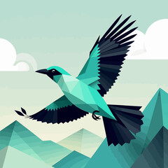 Naklejka premium Geometric Teal Bird Flying Over Mountains-Abstract Bird Illustration-Modern Minimalist Art-Digital Art Print-Bird in Flight Artwork