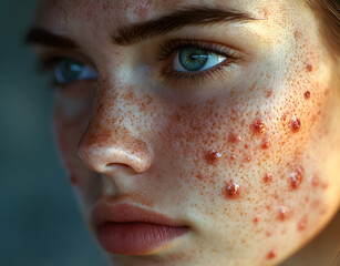 close up portrait of a young woman with intense breakouts