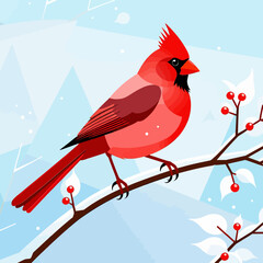 Red Cardinal Winter Scene-Illustration of a Cardinal Bird on a Branch with Berries-Winter Holiday Scene-Snowy Background-Cardinal on Branch Vector Art