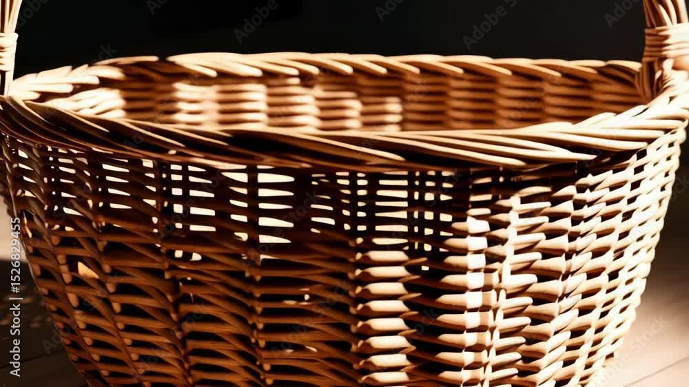 Poster handmade wicker basket with handle sitting on a light wood surface under moody light, creating a pat