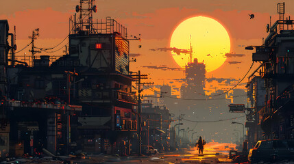 Pixel Art Sunset Cityscape: A Lonely Figure Walks Through a Ruined Urban Landscape