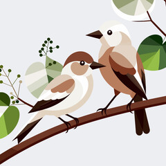 Two Birds on a Branch Illustration - Minimalist Bird Art with Geometric Leaves - Nature Inspired Graphic Design - Cute Bird Drawing for Wall Art Decor