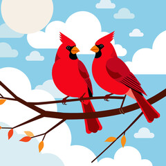 Two Cardinals on a Branch - Beautiful Red Birds in Nature - Sky and Clouds Background - Birdwatching Art - Wildlife Illustration - Nature Scene