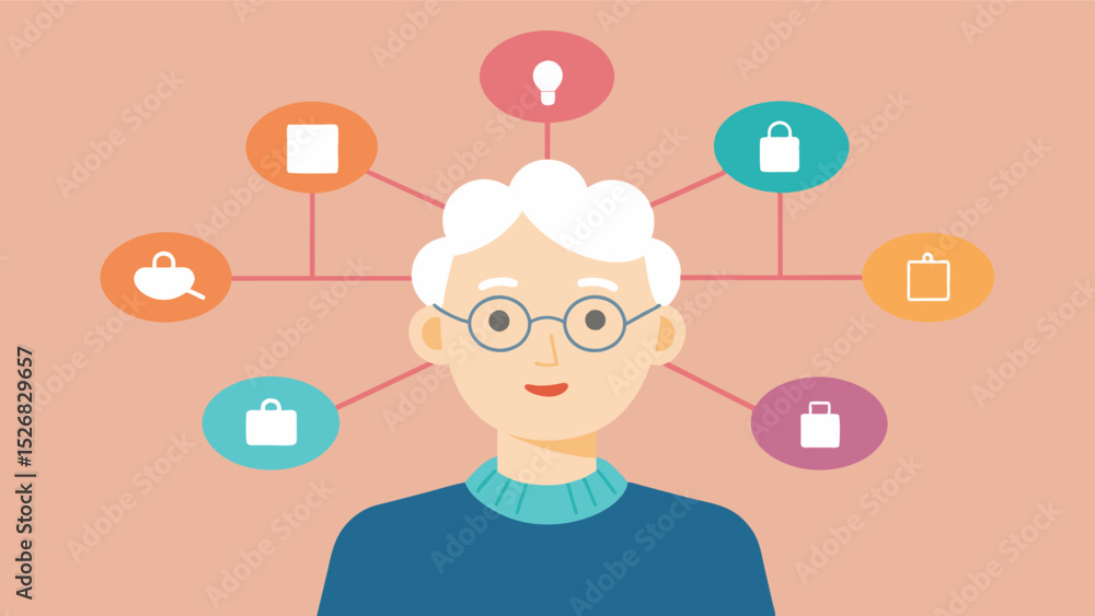 Poster an elderly person proudly displaying their mind map filled with the names and faces of their loved o