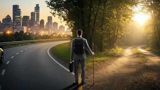 Person at crossroads choosing between city road and forest path represents decision future career travel and life journey