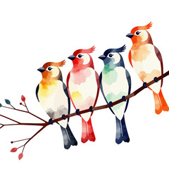 Fototapeta premium Watercolor Birds on a Branch Illustration-Colorful Bird Art Print-Cute Bird Painting for Home Decor-Whimsical Bird Design-Ideal for Bird Lovers-Unique Gift Idea