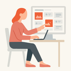 Flat Illustration Woman Working on Computer at Desk in Office