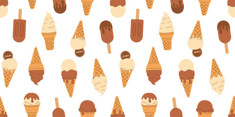 Summer colorful seamless pattern soft vanilla, chocolate ice cream, gelato in waffle cone, scoop in paper cup on white background. Wallpaper Ice Cream Day. Hand drawn Flat Vector illustration EPS10