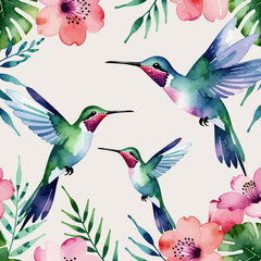 Obraz premium Watercolor Hummingbirds and Tropical Flowers - Beautiful Bird Art - Nature Illustration - Floral Design - Vibrant Colors - Wall Art Decor