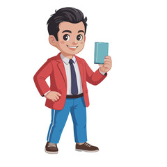 Smiling cartoon businessman holding a book or card with an upbeat and positive vibe