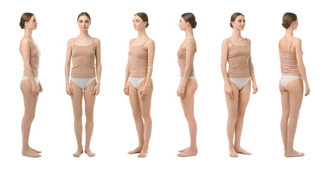 Young woman in underwear on white background, collage. View from different sides