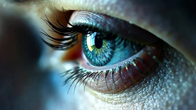 Close-up of young woman's eyes, beautiful blue eye with long eyelashes looking ahead