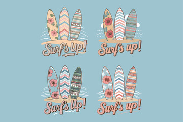 Colorful hand drawn surfboards on sandy beach with surf's up text in summer beach design
