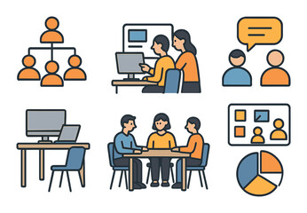 Office communication icons set – outline style, teamwork and collaboration symbols