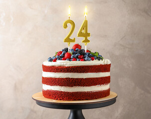 Yummy cake with berries and burning number shaped candles on beige background. 24th birthday or other special occasion