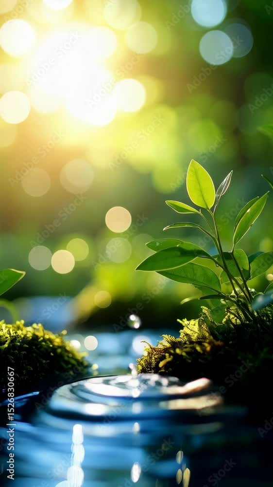 Poster sunlit spring water flows over mossy rocks in a pristine forest environment, droplets suspended in m