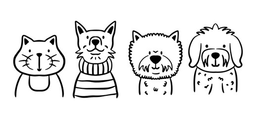 Hand-drawn pet portraits in a simple doodle style. Cat, dog in sweater, fluffy dog, and scruffy doggy. Design elements for stickers, social media, posters, and apparel. Vector image