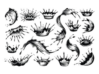 A collection of black ink splatter and splash designs