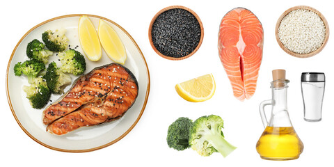 Dish with salmon and other ingredients on white background, collage